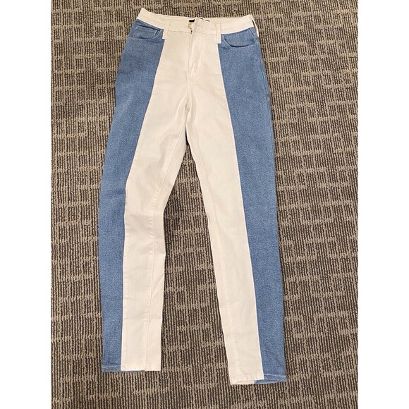 Akira Colorblock Denim Jeans Size 7 White And Denim Geometric Boho Festival - Picture 1 of 5